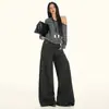 Calça Casual de Lã Wide-Leg Estilo Retrô Americano para Mulheres, Cintura Baixa, Botões, Solta, Emagrecimento, Cobre a Pele, Caimento Fluido, Versátil, Comprimento no Chão