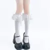 Calcetines de Lolita Estilo Japonés Lindos de Encaje Multicapa con Lazo Azul para Mujer Primavera y Verano Calcetines de Algodón de Caña Media Lolita