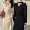 Coreia do Sul chique personalidade all-match gola redonda padrão de cânhamo frente e traseira usar design cuidadoso máquina split vestido suéter feminino