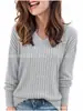 Amazon Wish Popular Transfronterizo Europeo y Americano Comercio Exterior Ropa de Mujer 2026 Manga Larga Cuello en V Tejido de Canalé Cepillado Camiseta