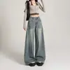 Jeans Retro Americano Desgastado para Mulheres, Primavera e Outono, Tamanho Grande, Corpo em Formato de Pera, Cintura Alta, Corte Solto, Calças de Perna Larga Emagrecedoras