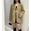 Roupas Femininas da Coreia do Sul Dongdaemun Elegante de Cintura Alta Outono e Inverno Vintage Americano marrom Jaqueta Suit de Pele de Veado Maillard Longa