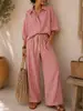 2026 Ropa de Mujer Europea y Americana Amazon Verano Camisa de Manga Larga a Rayas para Mujer Pantalones Sueltos Conjunto de Dos Piezas Algodón Lino Casual
