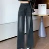 Jeans de Cintura Alta Reto com Forro de Lã Preto Estilo Americano Feminino Inverno Novo Estilo Emagrecimento Caimento Solto Perna Estreita Larga Calças