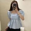 Chic Coreano2026 Nuevo Estilo de Verano de Un Hombro Elegante Femenino Cuello Cuadrado Manga Abullonada Camisa de Manga Corta para Mujer