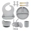 Conjunto de Louça Infantil Mais Vendido, Prato de Silicone de Grau Alimentício, Tigela de Alimentação, Garfo, Colher, Babador, Copo de Água, Conjunto de Alimentação de Dez Peças
