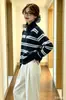 Cárdigan de punto a rayas nuevo transfronterizo para mujer, otoño e invierno, suelto, adelgazante, versátil, suéter, chaqueta con cremallera, top