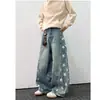 Jeans longo de design transfronteiriço com estampa de estrela, perna larga, moderno, unissex, versátil, solto, alta costura, barra curva