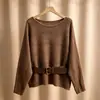 Ropa de otoño para mujer: Suéter de punto de alta gama, de manga larga, con textura ondulada, diseño calado, corte holgado, estilo coreano, y viene con un cinturón