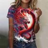 2024 Nova Camiseta de Manga Curta com Estampa de Dragão 3D Gola Redonda Pulôver Casual Vestido de Rua Top Estilo Chinês Roupas Femininas