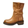 Botas de Couro Genuíno de Alta Qualidade Outono/Inverno 2025, Bico Redondo, Vintage Desgastado, Salto Grosso, Slip-On, Meio da Panturrilha, Caídas, Botas de Equitação, Botas Martin