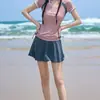 Traje de baño de dos piezas conservador para mujer, adelgazante, que cubre el abdomen, estilo coreano nuevo, de secado rápido, manga corta, estilo falda, para vacaciones en aguas termales