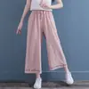 Calça larga bordada plus size 100kg perna larga, de algodão e linho, estilo retrô artístico para o verão, calça cropped casual estilo étnico para mulheres