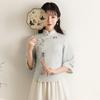 Traje retro Tang para mujer, hanfu estilo chino modificado, algodón y lino floral bordado, manga tres cuartos, ropa de té, conjunto de algodón y lino