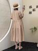 Vestido de Manga Larga Bordado de Gato Japonés para Mujer Artístico Dulce Cuello Medio Abierto Cintura con Cordón Elegante Holgado Vestido Largo para Mujer
