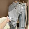 Camiseta Base de Gola Alta Espessa para Mulheres, Outono e Inverno, Gola Semi-Alta, Camiseta de Manga Comprida, Top Listrado Elegante que Afina a Silhueta