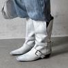 Hebilla de Cinturón Única de Cuero Vintage Desgastado Botas de Motociclista para Mujer, Botas de Media Pantorrilla Plegables de Punta Cuadrada Ancha con Tacón Grueso tipo Botín