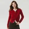 Caxemira de Luxo Leve! Cardigan de Caxemira Outono e Inverno Feminino Gola Redonda Botão Malha Jaqueta Cor Sólida Camada Base Top Feminino