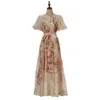 Fornecimento Exclusivo Transfronteiriço de Vestido Longo Embelezado Estilo Francês com Gola Alta Z, Mangas Curtas Modernas, Design de Amarração, Efeito Emagrecedor e Vestido Estampado