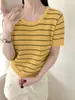 Camiseta de Manga Corta con Cuello Redondo Hueco de Raya Francesa Tejido de Seda de Morera 26 Nuevo de Verano Top Holgado Adelgazante para Mujer