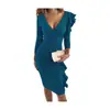 2026 Sitio Independiente Deseo Artículo Más Vendido de Amazon Vestido Bodycon Plisado de Manga Larga con Cuello en V y Volantes Ajustado para Mujer