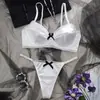 Conjunto de Lingerie Branco Elegante com Renda e Bordado Floral Francês Transfronteiriço com Design de Alças Finas, Conjunto de Sutiã Redutor para Seios Grandes