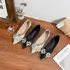 Luxo leve e toque de alta qualidade, sapatos de bico fino com laço de strass, sola macia, sapatos baixos femininos confortáveis de corte raso tamanho grande