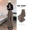 Calça de Alfaiataria Estilo Coreano Wide Leg para Mulheres Temporada Outono e Inverno 2026, Forrada com Lã, Roupa Profissional de Alta Qualidade, Calça Longa Casual Reta Emagrecedora