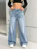 Comércio transfronteiriço europeu e americano, tamanho europeu, azul escuro, perna larga, perna curva, jeans feminino estiloso com cintura elástica e cintura alta
