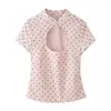 Nova Blusa Feminina Casual de Verão com Manga Curta, Gola Redonda, Bolinhas Rosas e Recortes para Comércio Exterior Transfronteiriço