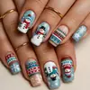 Moda de Natal Europeia e Americana Urso Quente Estilo Ins Unhas Ovais de Comprimento Médio Patches Série Azul Boneco de Neve Listras