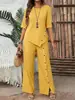 Traje de Pantalón Largo con Dobladillo Irregular para Mujer 2026 Elegante de Moda Casual Camisa de Botones Media Manga Conjunto Suelto de Dos Piezas