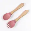 Tenedor y cuchara de madera con mango de silicona transfronterizos para entrenamiento de alimentación de bebés y niños pequeños, tenedor y cuchara blandos para niños, tenedor y cuchara de silicona para bebé