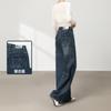Design de Bolso com Aba Traseira Jeans de Outono Elástico Wide-Leg Azul Retrô Solto Emagrecedor Versátil Calças Retas Comprimento Total