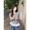 Envío directo transfronterizo Verano Hilo Elegante Encaje Empalmado Hombro Derecho Manga Corta Camiseta Top Corto Mujer