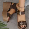 Novas sandálias plataforma de salto grosso, sapatos femininos de salto alto de palha, sandálias da moda europeias e americanas 2026, sandálias casuais femininas de verão com bico aberto