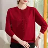 Malha de outono da mamãe, top elegante com bordado tridimensional, suéter para mulheres de meia-idade e idosas, suéter vermelho festivo para casamento