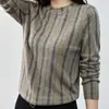 Otoño Nuevo Elegante Versátil Temperamento Plateado Salpicado Reductor de Edad Top Pequeño Cuello Redondo Estampado Manga Larga Capa Base Top Adelgazante Mujer