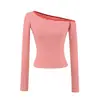 Top Listrado Slim Estilo Coreano para Mulheres Outono Inicial Novo Puro Desejo Sexy Ombro a Ombro Camiseta Básica Color Blocking Manga Longa