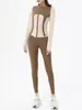 Conjunto de Yoga Transfronterizo para Mujer de Primavera y Otoño, Chaqueta de Manga Larga con Cuello Alto y Bloques de Color, Conjunto de Pilates y Fitness de Cintura Alta para Cadera de Durazno