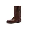 Botas de chaminé de couro bovino de camada superior para mulheres, novo estilo de outono, couro genuíno, bico redondo, salto médio, sem cadarço, botas desgastadas, botas de montaria de cano médio para mulheres