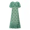 Moda Femenina Europea y Americana Vestido Verde con Estampado en Forma de Abanico, Venta Caliente en Aliexpress, Estampado Hueco, Espalda con Lazo, Corte Entallado, Vestido Largo