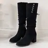 Botas Chunky de Tacón Alto Botas Largas Mujer 2026 Otoño/Invierno Nuevo Ante Retro Dobladillo Dos Formas de Usar Tacón Grueso Caña Alta Botas de Jinete