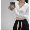 2 023 Primavera y Otoño Nuevo Sentido del Diseño Spice Girls Cuello Camisa de Punto para Mujer Otoño e Invierno Cintura Correa Cruzada Camisa Base