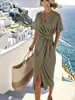 Vestido Novo de Verão 2026 Moda de Trabalho Amazon Vestido Envelope Liso de Cetim com Fenda Feminino
