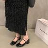 Tacón Grueso Rojo Zapatos Individuales Zapatos de Mujer 2023 Nuevo Verano Tacón Medio Alto Plata Mary Jane Zapatos de Noche con Falda