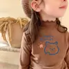 Camiseta de Manga Larga Base para Niñas con Cuello Volante, Felpa Cálida, Elegante, Cuello Semi Alto, Ropa Interior, Top Cepillado, Otoño/Invierno, para Niños Mayores