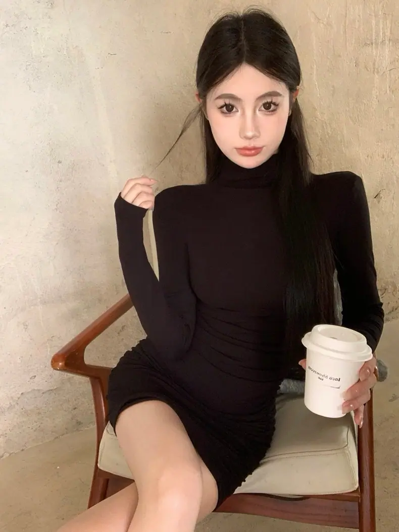 商品详情图_辣妹半高领长袖连衣裙女秋冬季修身包臀裙内搭打底裙