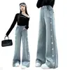 Calça jeans flare feminina, estilo fino de verão, corte solto com strass, calça boca de sino para meninas mais velhas e mais novas, calça infantil de verão
