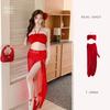 Novo Biquíni Sexy Clareador de Três Peças Estilo Fada Vermelho Manga Longa Resort Termas Maiô para Mulheres